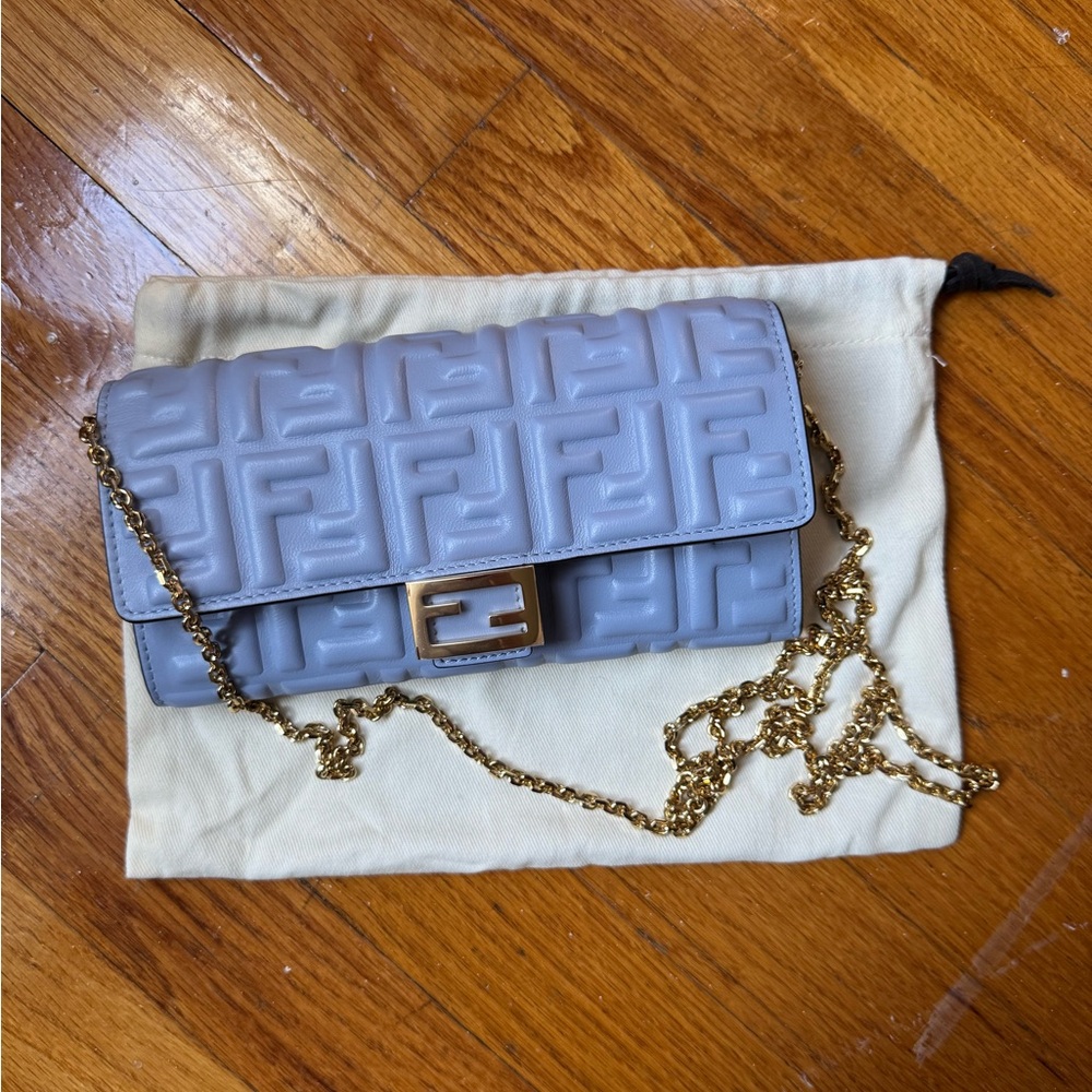 NEW, NEVER USED Fendi Light Blue Embossed Wallet on Chain - Picture 4 of 9